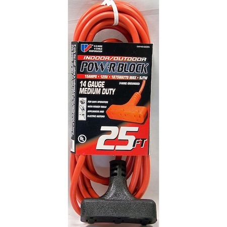 U.S. Wire & Cable SJTW Extension Cord, 14 AWG, Indoor/Outdoor, 14/3, 3 Outlets, 5-15R, Orange, Vinyl, 5-15P, 25 ft 62025